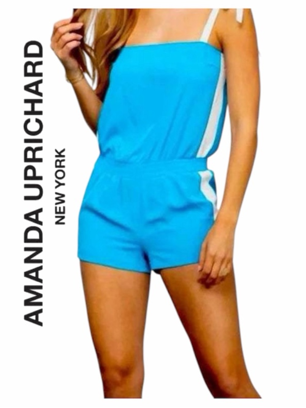Amanda Uprichard Mika Beach Track Blue White Tie-Shoulder Romper Playsuit S